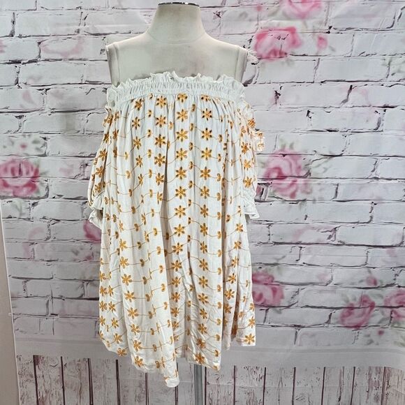 ASOS Design Women's Off Shoulder Bardot Mini Swing Dress Yellow White Size 10 - Picture 1 of 10